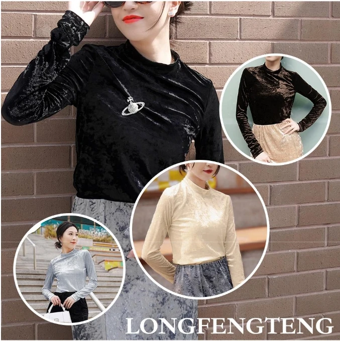 2025春秋新款长袖洋气丝绒气质显瘦时尚百搭半高领上衣LTBC302