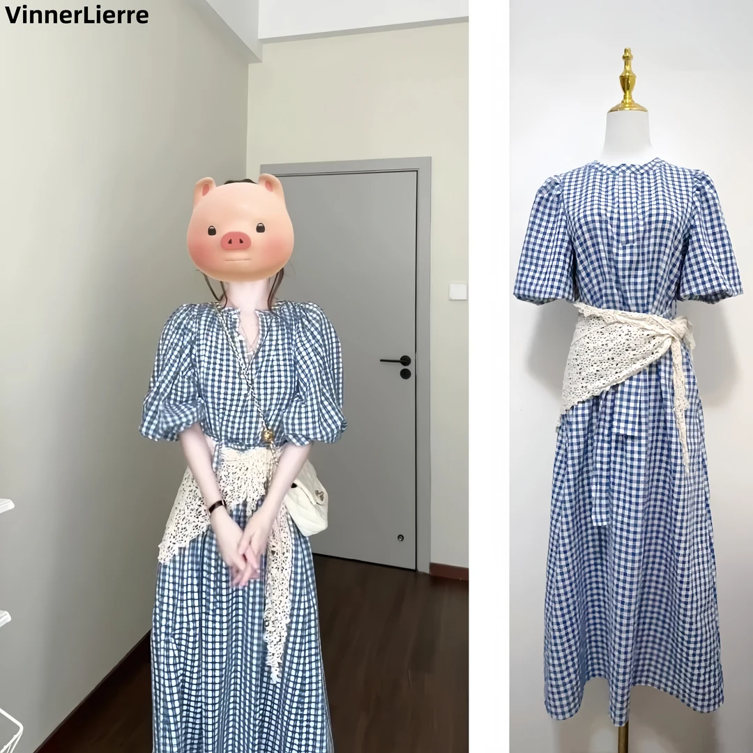 薇妮诺气质新款中长款九分袖宽松蓝格子休闲夏季连衣裙