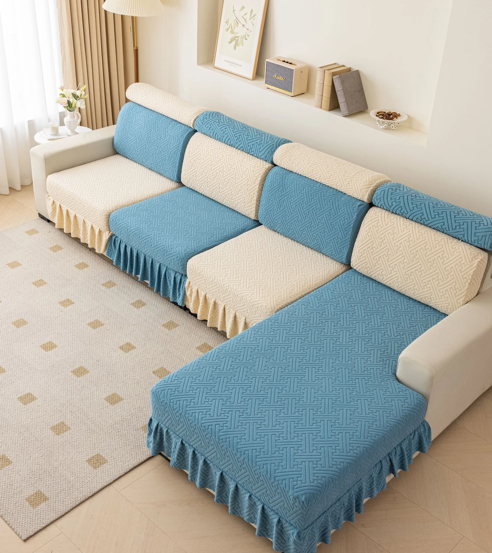 长格简约防滑沙发套加厚高弹全包防尘沙发套罩裙边款百褶精工制作