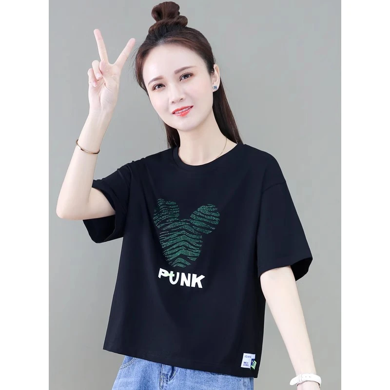 拉夏贝尔短袖t恤女时尚减龄小个子短款亮片夏季新款宽松半袖T恤