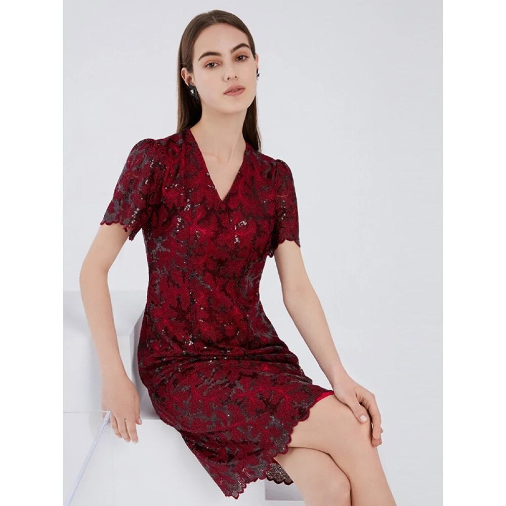 爱特爱（EITIE）女装夏季修身优雅浪漫V领礼服裙女6077718