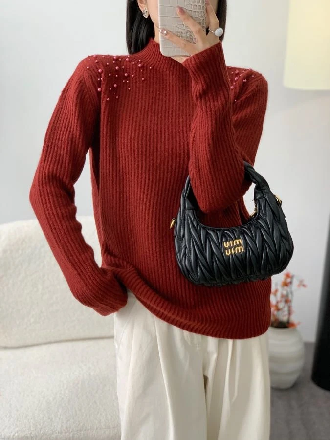 ANYUMO/安妤茉5008超细羊毛肩膀钉珠立领针织套头毛衣时尚百搭女