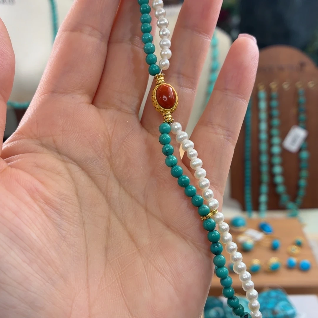 绿松石银S925镀金镶嵌手链