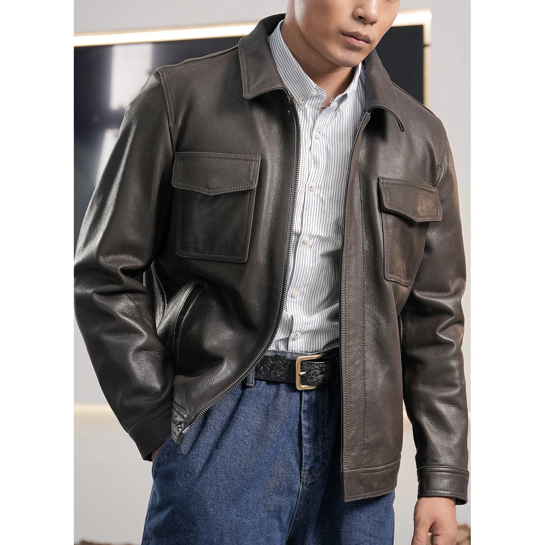 虎丁真皮皮衣 牛皮夹克9830 外套经典翻领男装休闲