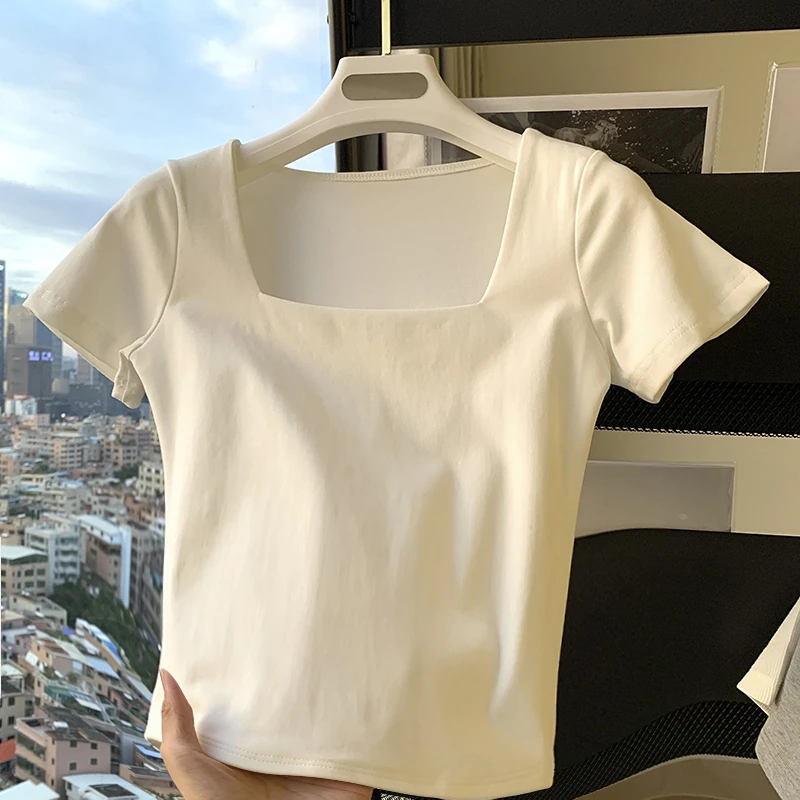 白色短袖t恤女夏季方领正肩齐腰高腰小众露脐打底衫上衣小个子潮