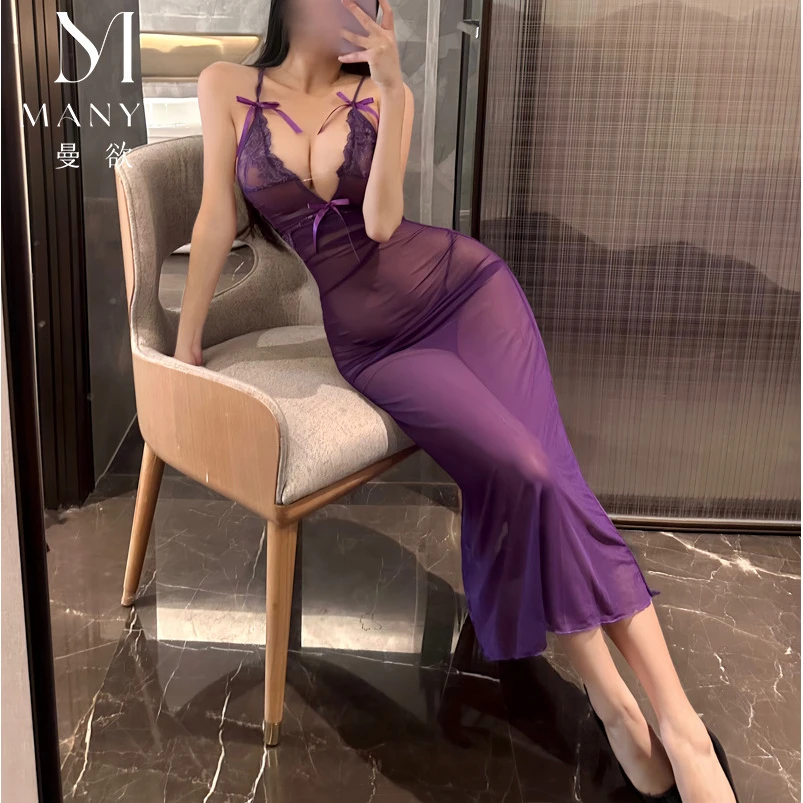 曼欲蕾丝网纱妖娆透身长裙性感纯欲诱惑睡裙显瘦