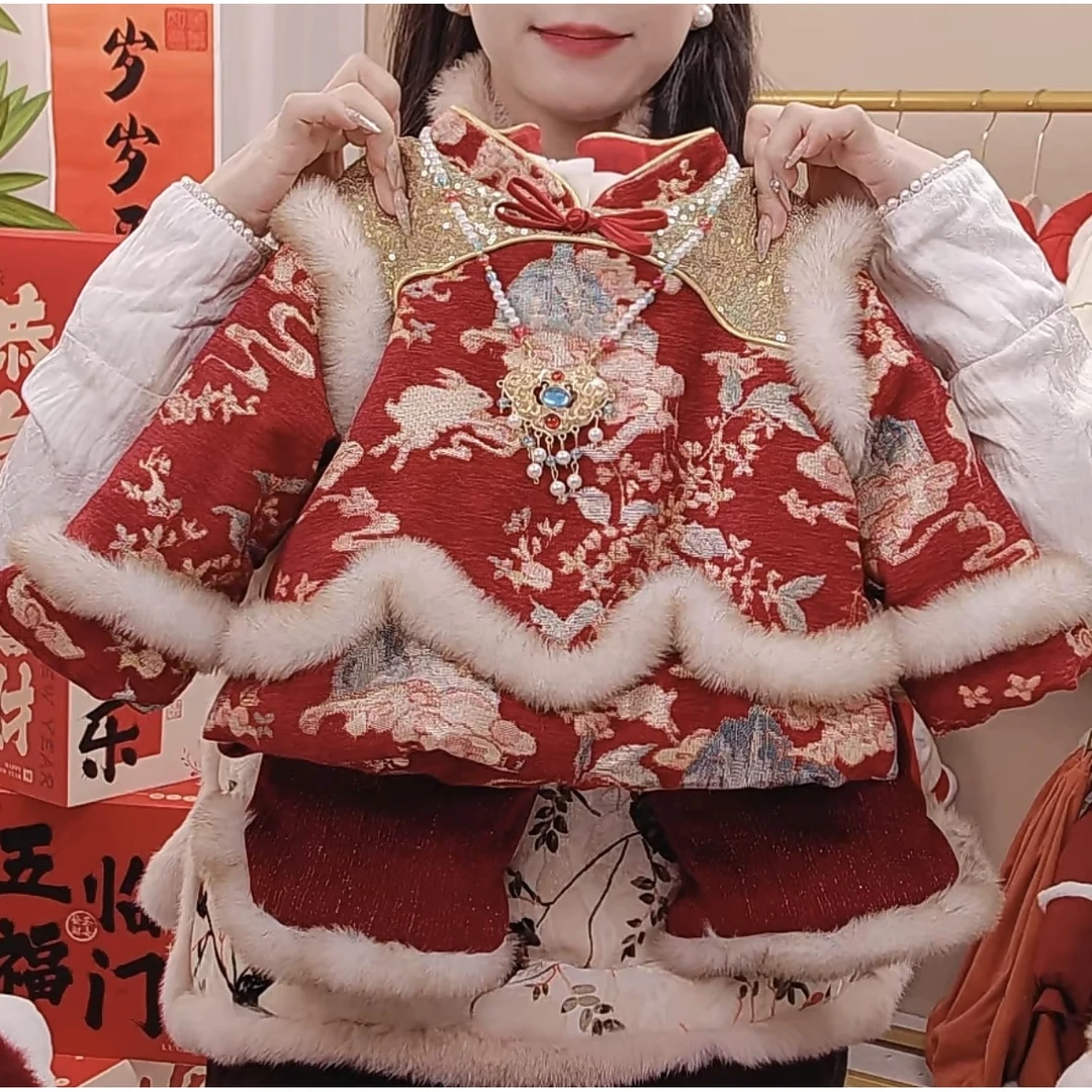 婴儿出门冬季外出服国风亮片棉套装加绒秋冬儿童洋气时尚外出套装