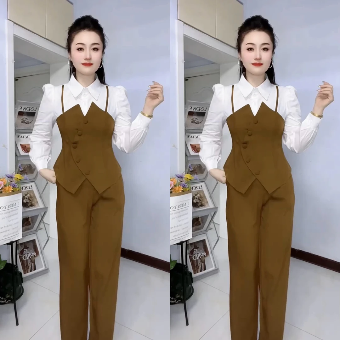 法式气质高级感拼接上衣高腰微喇裤两件套女春季新款洋气时尚套装