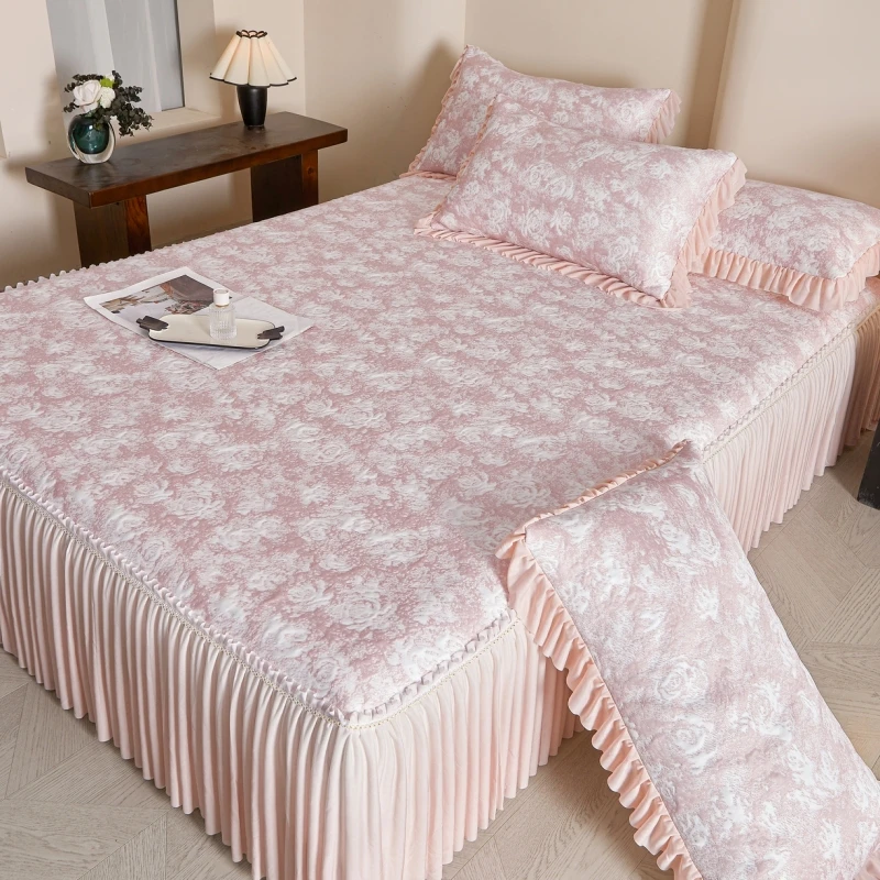 粉色少女心冰豆豆凉席三件套夏天床裙款冰丝席带裙边遮丑空调席子