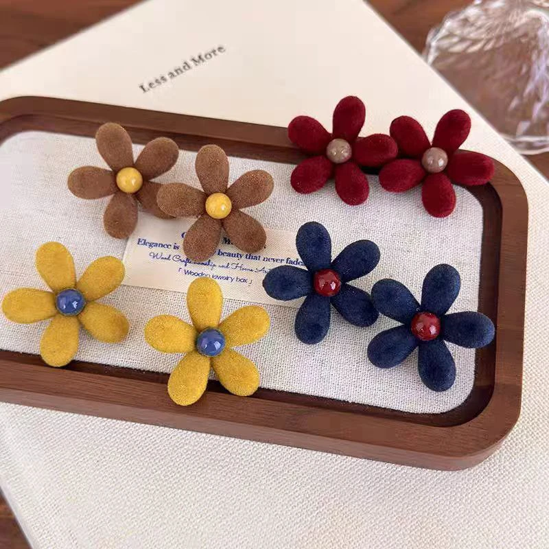 合金耳饰 植绒花海~撞色植绒大花朵耳钉女潮流气质秋冬耳环耳饰