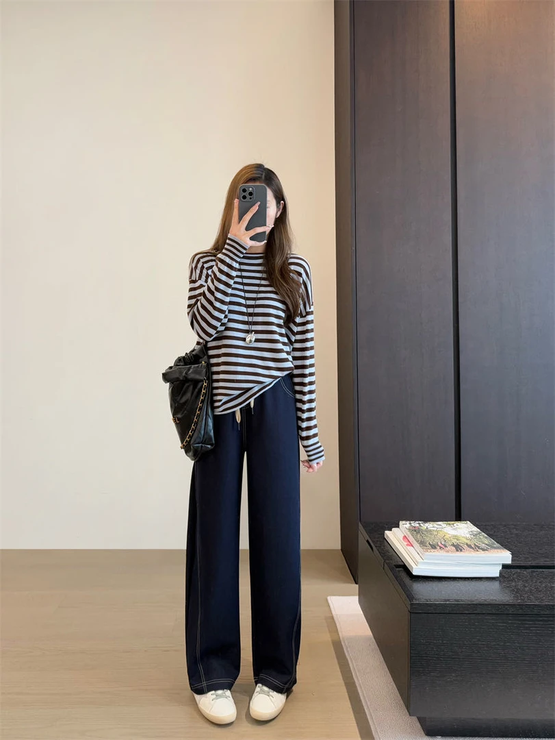 H029老钱风复古休闲直筒阔腿裤弯刀镰刀香蕉裤牛仔裤