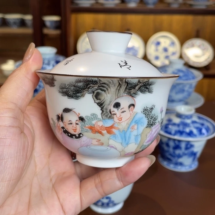 手工手绘童子盖碗