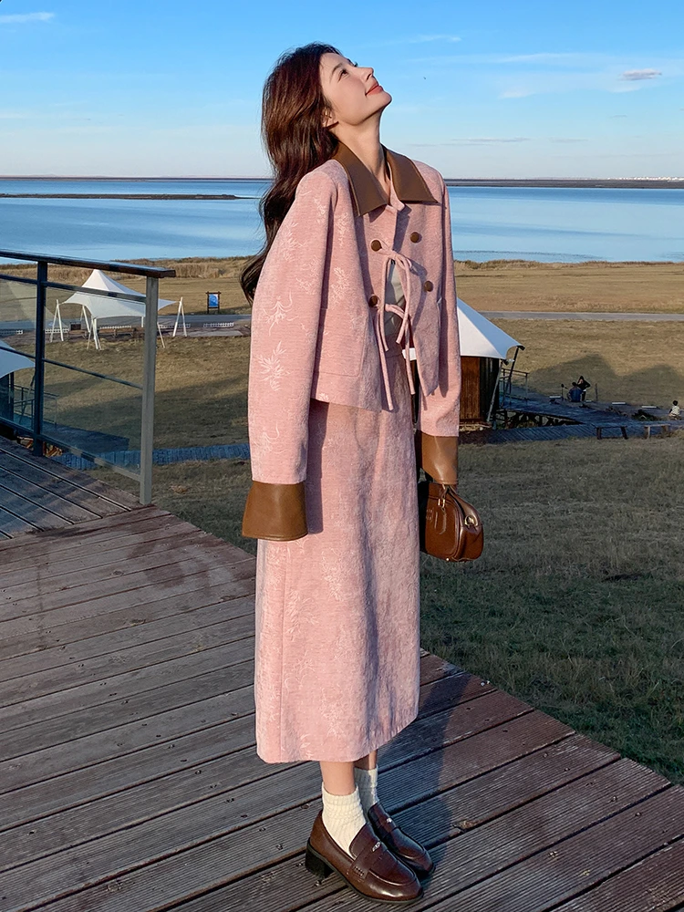 入秋新中式pu皮拼接套装裙女秋季国风两件套温柔风大方得体一整套