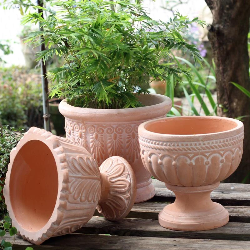 北欧创意复古奖杯透气红陶手工盆花园庭院阳台花卉种植粗陶大花盆