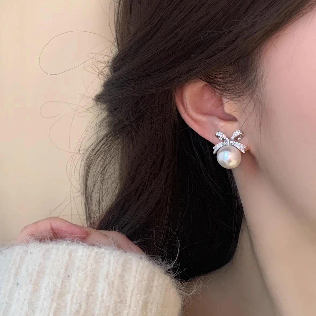 OLOIU 925银仿珍珠耳饰 珍珠蝴蝶结耳钉女2025新款轻奢小众简约
