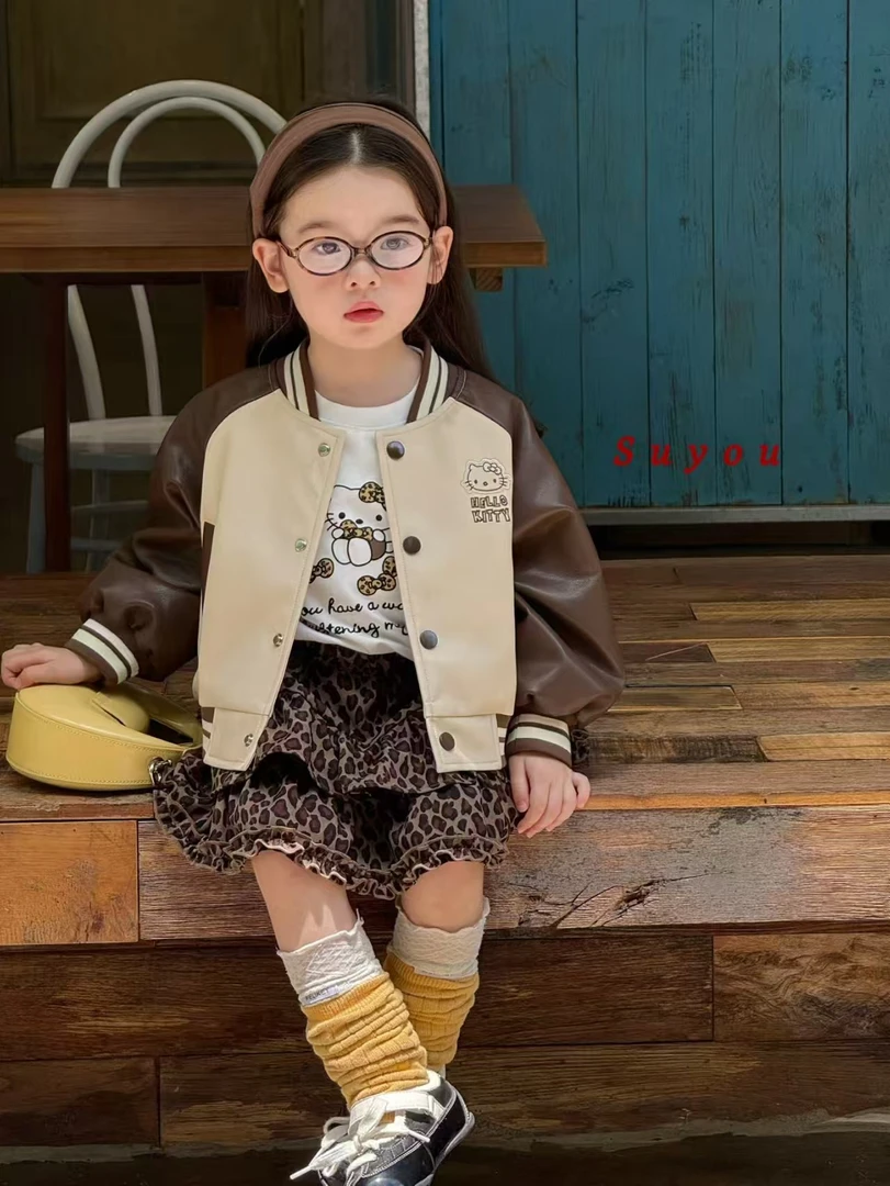 苏右 女童童装2025秋棒球领夹克 豹纹裙