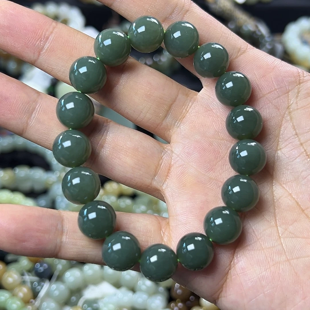 和田玉手链未镶嵌且末蓝卡12圆珠 油润