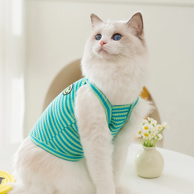 可爱笑脸多彩条纹猫咪衣服防掉毛蓝猫布偶小猫咪春夏宠物吊带0079