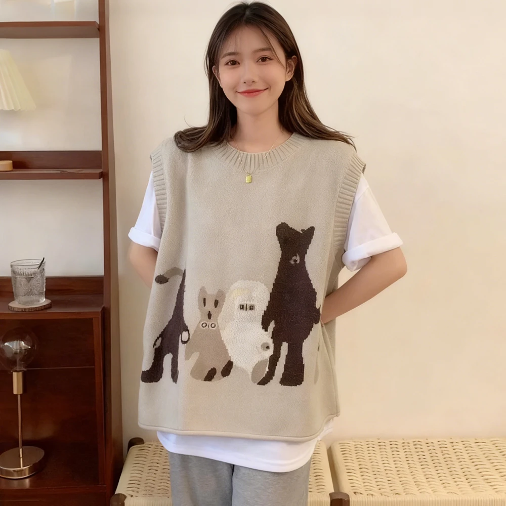 韩版时尚卡通小狗拼接刺绣圆领无袖坎肩针织背心女秋冬复古马甲潮
