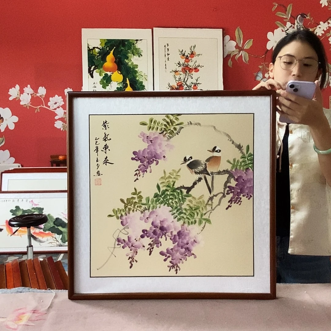 国画手写手绘国画作品带框包邮62✖️62