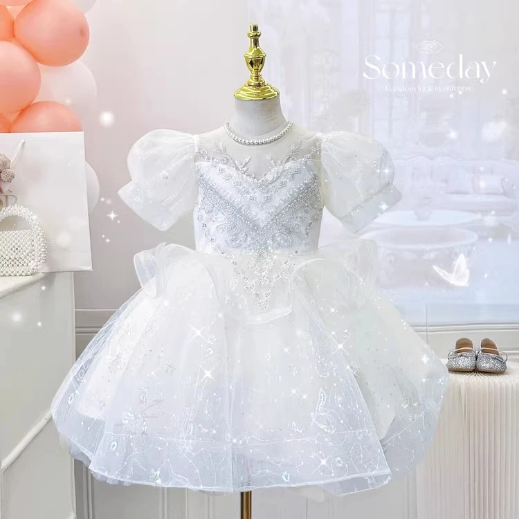 女童高端公主裙夏季小女孩生日礼服连衣裙高级花童婚纱白色演出服