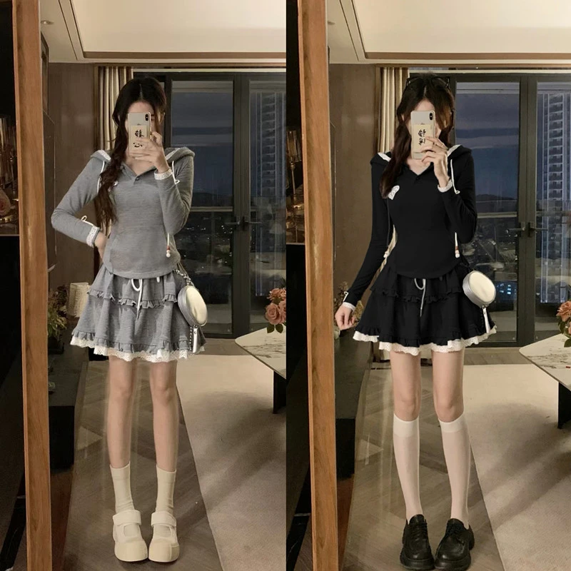 大码少女风早秋显瘦纯欲风连帽上衣+半身短裙两件套小个子气质