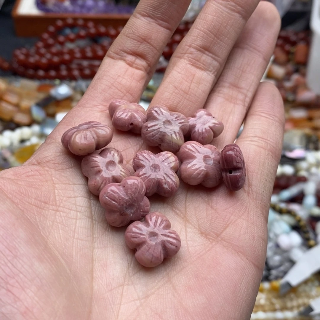 玛瑙/玉髓未镶嵌珠宝半成品五个天然10-15mm红木纹粉蔷薇四叶草