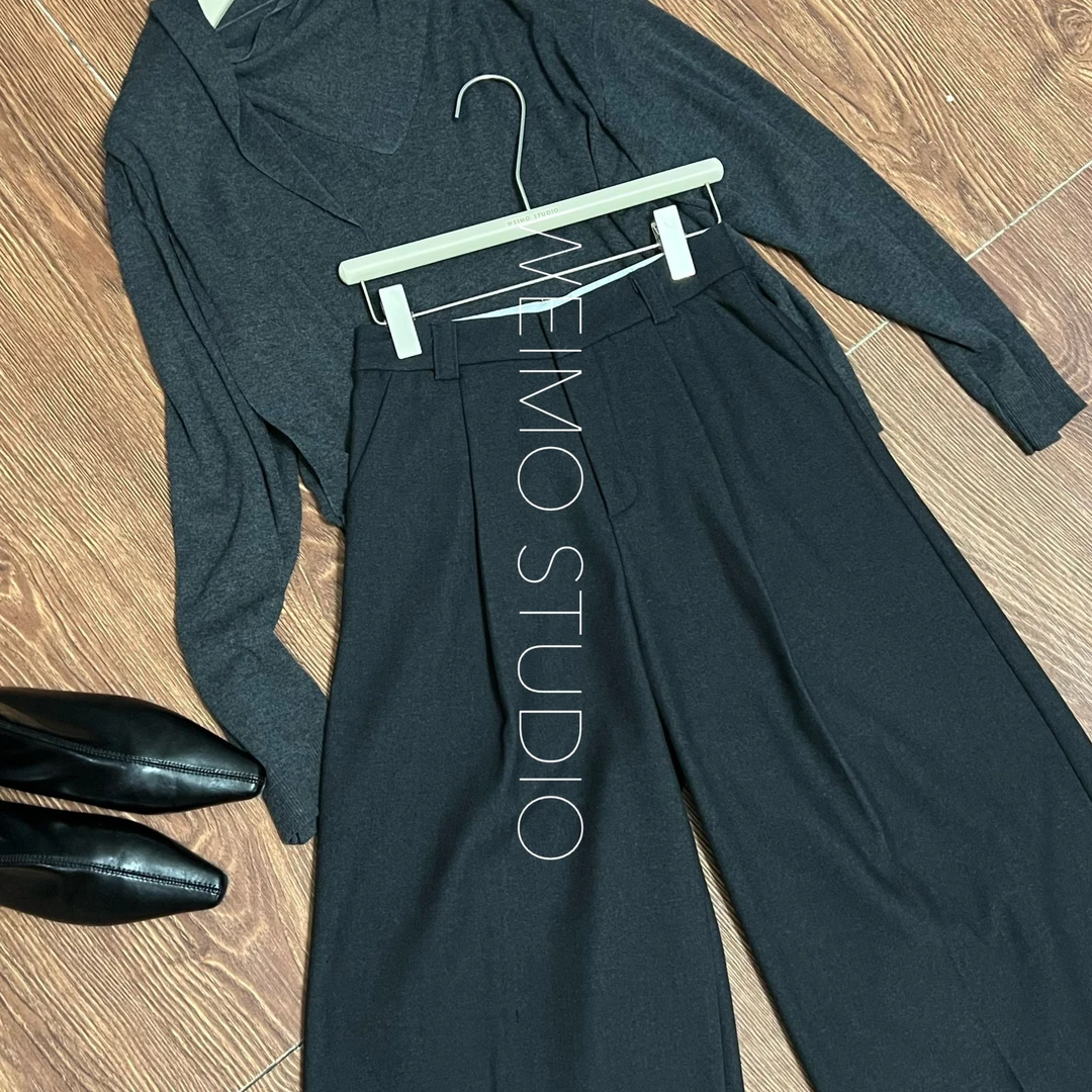 加厚加绒通勤风显瘦八分裤秋冬毛呢阔腿裤高腰宽松