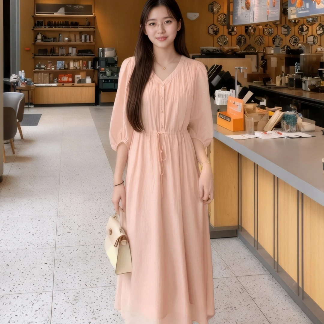 韩版气质收腰抽绳衬衫裙女装2025夏季新款休闲长裙时尚洋气连衣裙