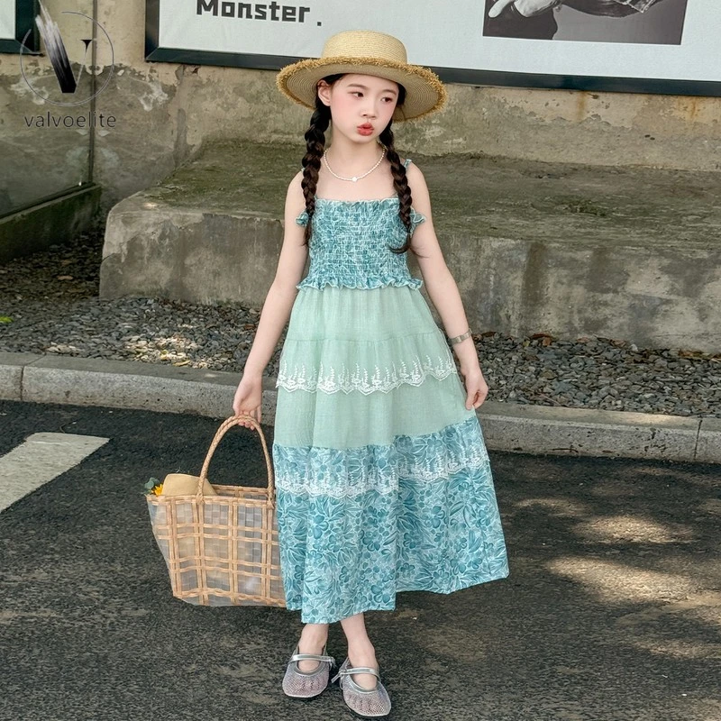 VALVOELITE女童夏季连衣裙新款女大童夏装韩系吊带裙儿童度假沙滩