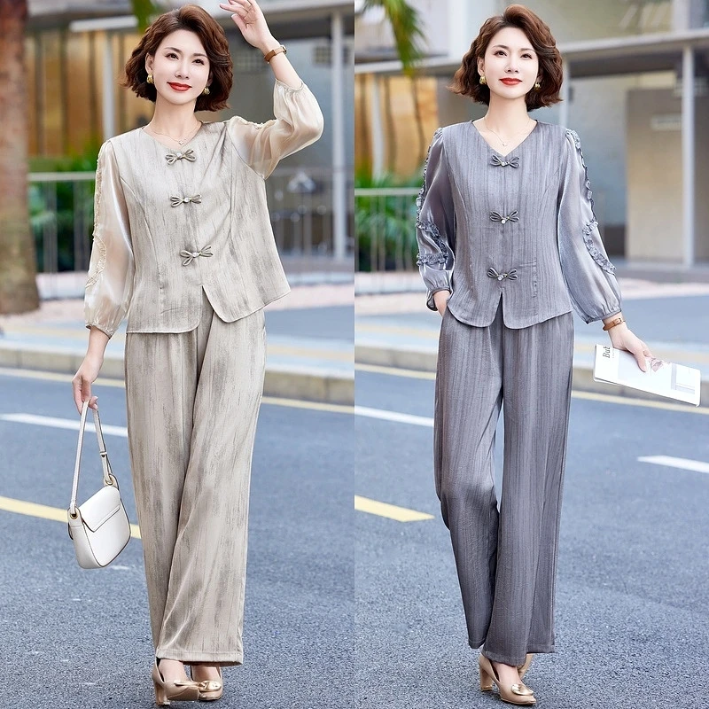 2025年新中式款 妈妈春夏装两件套连衣裙中老年女气质裙子aa5937