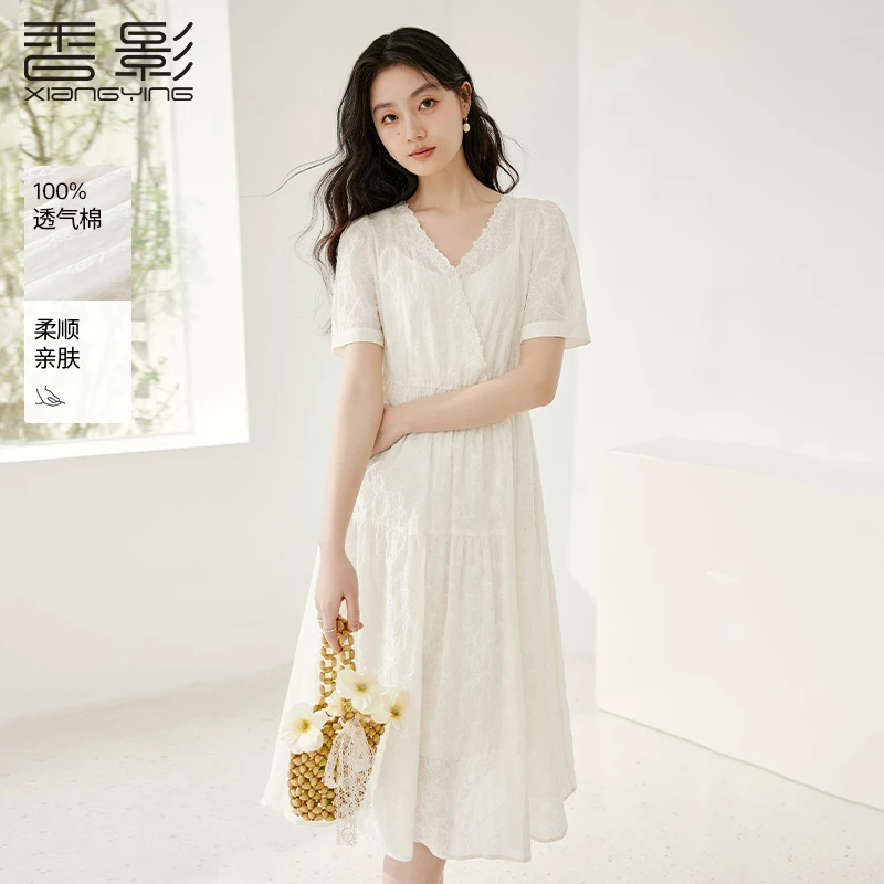 【直播专享】L85S051连衣裙 香影花边交叠v领白色连衣裙女夏季新