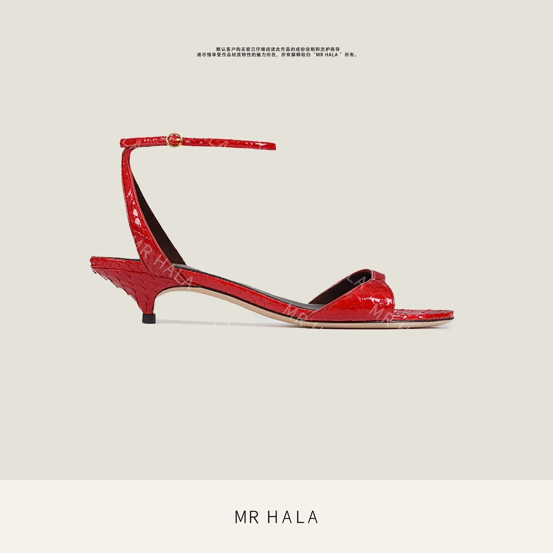 MRHALA 云鸿植鞣真巳皮踝带一字扣手工猫跟鞋女 LX43018