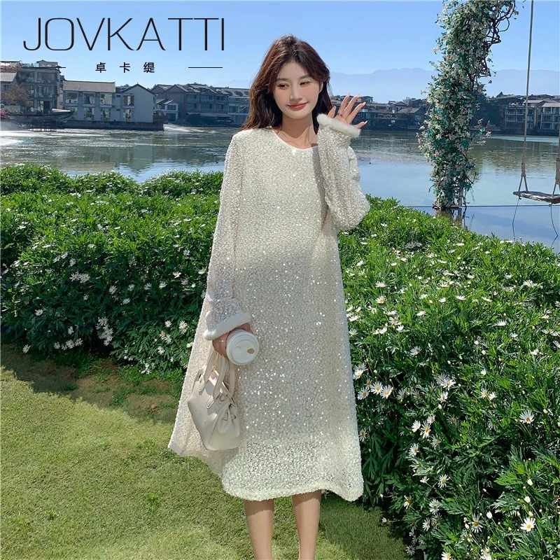 高级感亮片连衣裙女2025春秋新款仙女仙宽松小香风裙子气质