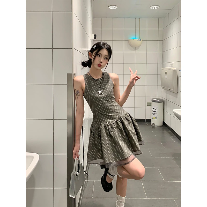 韩系复古波点无袖背心连衣裙气质修身收腰显瘦别致绝美a字短裙子