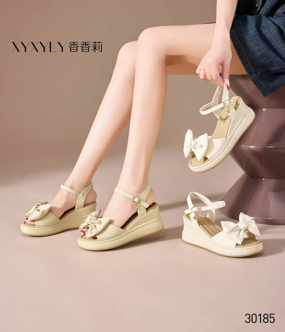 香香莉女鞋30185新款时尚蝴蝶结中高跟坡跟凉鞋女2025夏