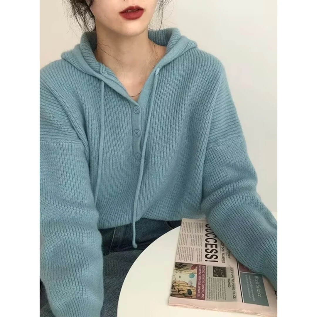 慵懒休闲连帽针织衫毛衣女秋冬新款复古宽松显瘦长袖套头打底上衣