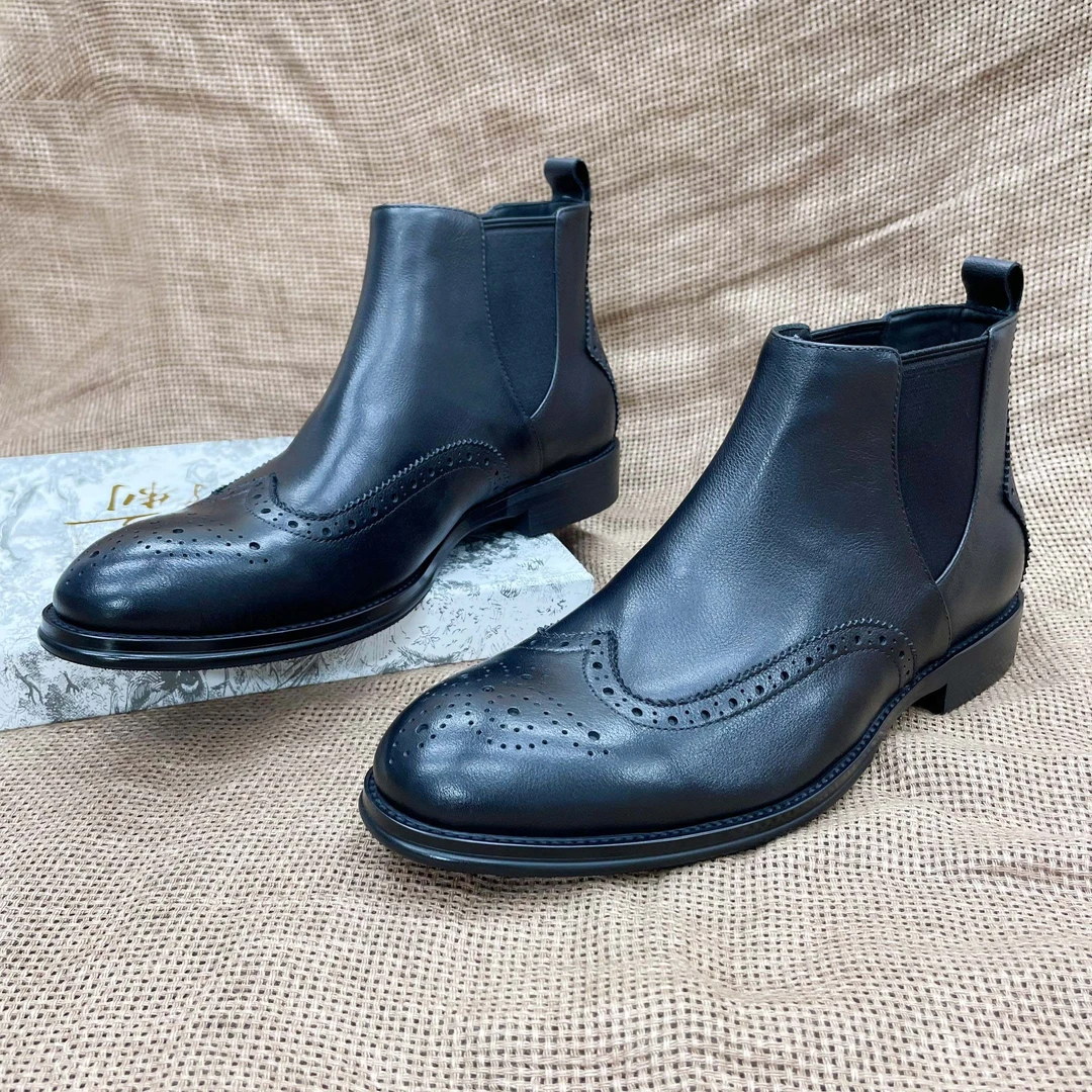软面头层牛皮布洛克雕花男士切尔西靴2025新款秋冬季商务休闲皮靴