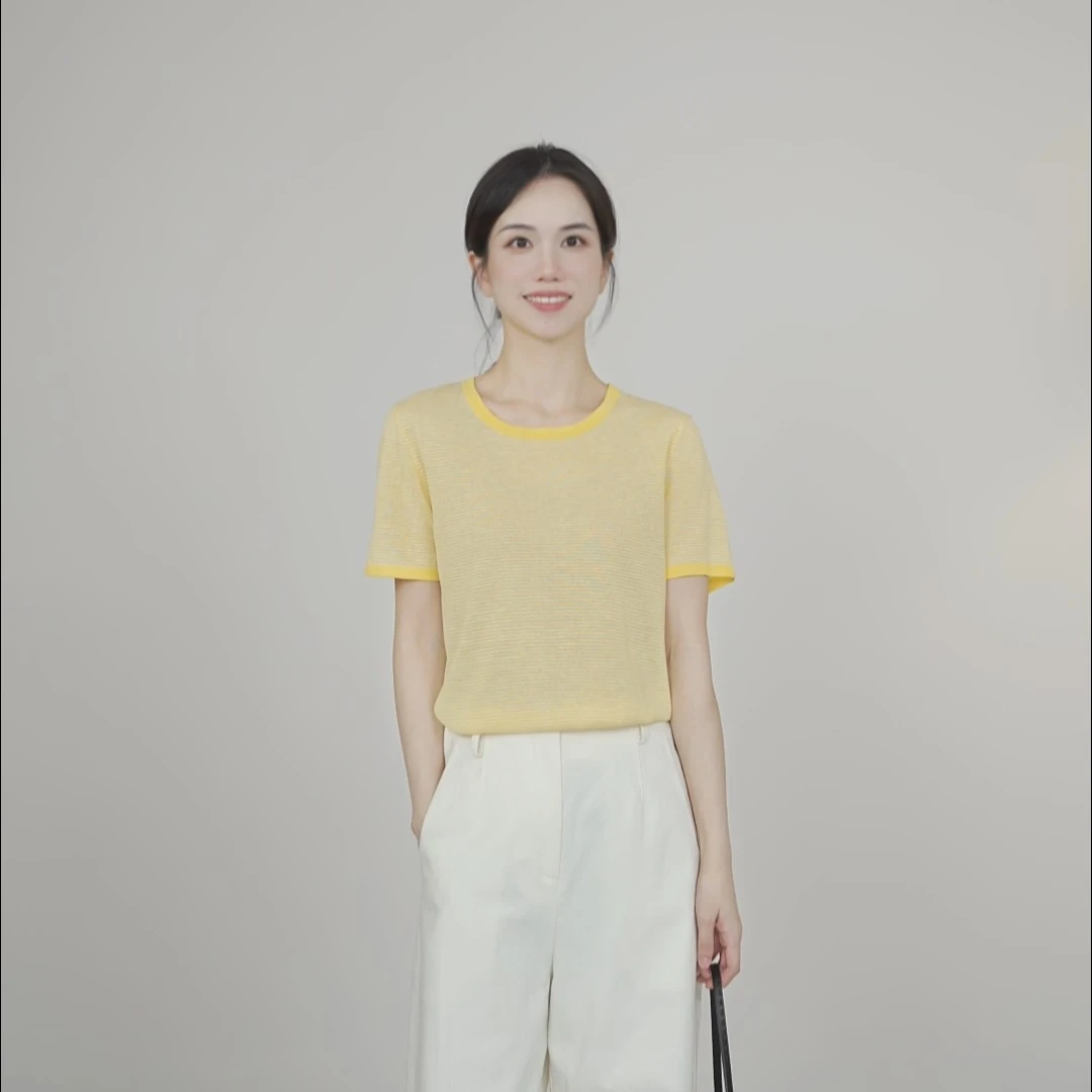 小禾【夏日】莱赛尔亚麻混纺细条纹圆领凉爽针织短袖t恤