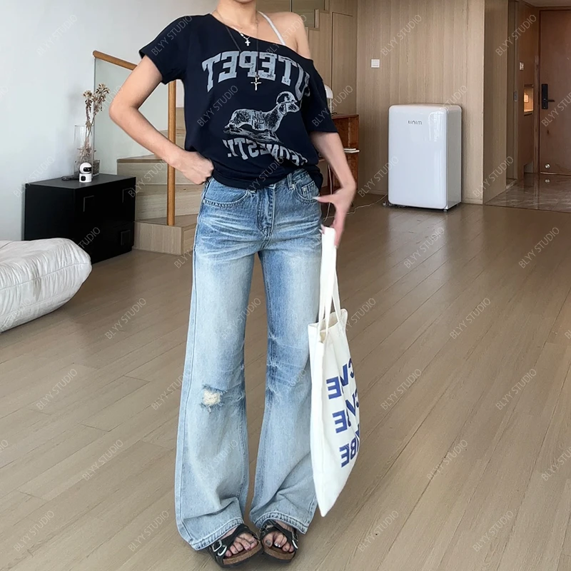 【部分现】2025新款复古做旧低腰牛仔裤破洞设计感直筒裤女Q254234