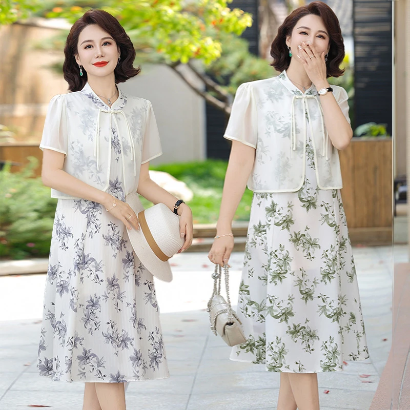 妈妈夏装新中式连衣裙两件套时尚洋气中老年女装国风套装雪纺裙子