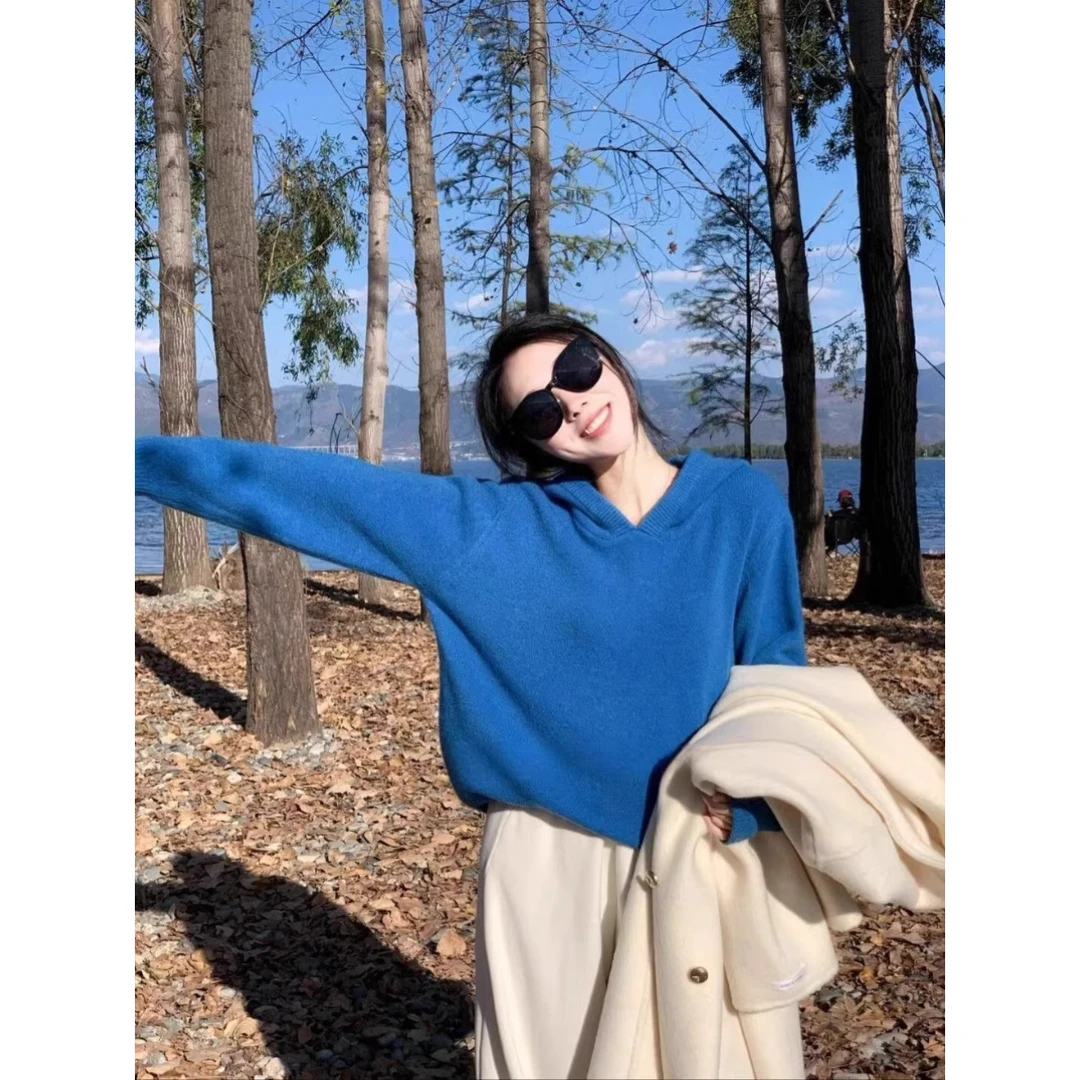 韩系设计感宽松软糯连帽长袖毛衣女秋冬2025新款慵懒风针织衫上衣