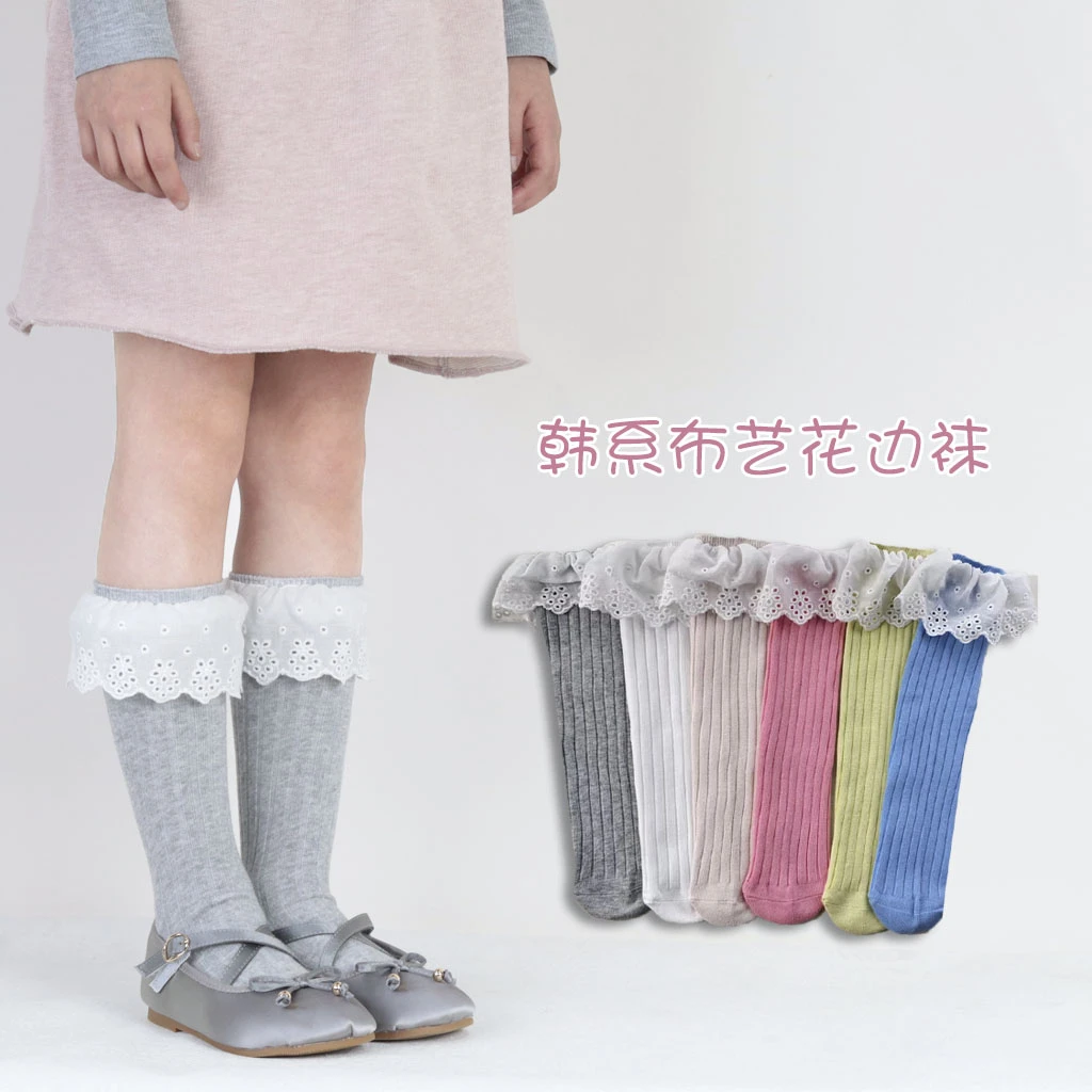 女童袜子春秋薄款红色韩版白色花边中筒袜甜美春季宝宝长筒小腿袜