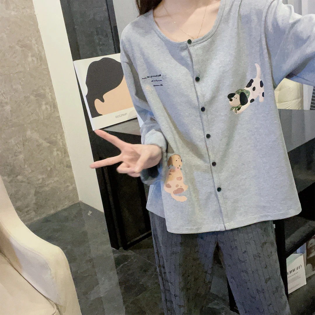 2025年新款睡衣女春秋季韩系长袖大码可外穿卡通狗ins套装家居服