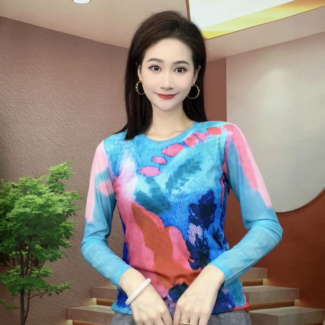 2025夏季新款长袖圆领肌肤纱时尚显瘦印花T恤上衣A200