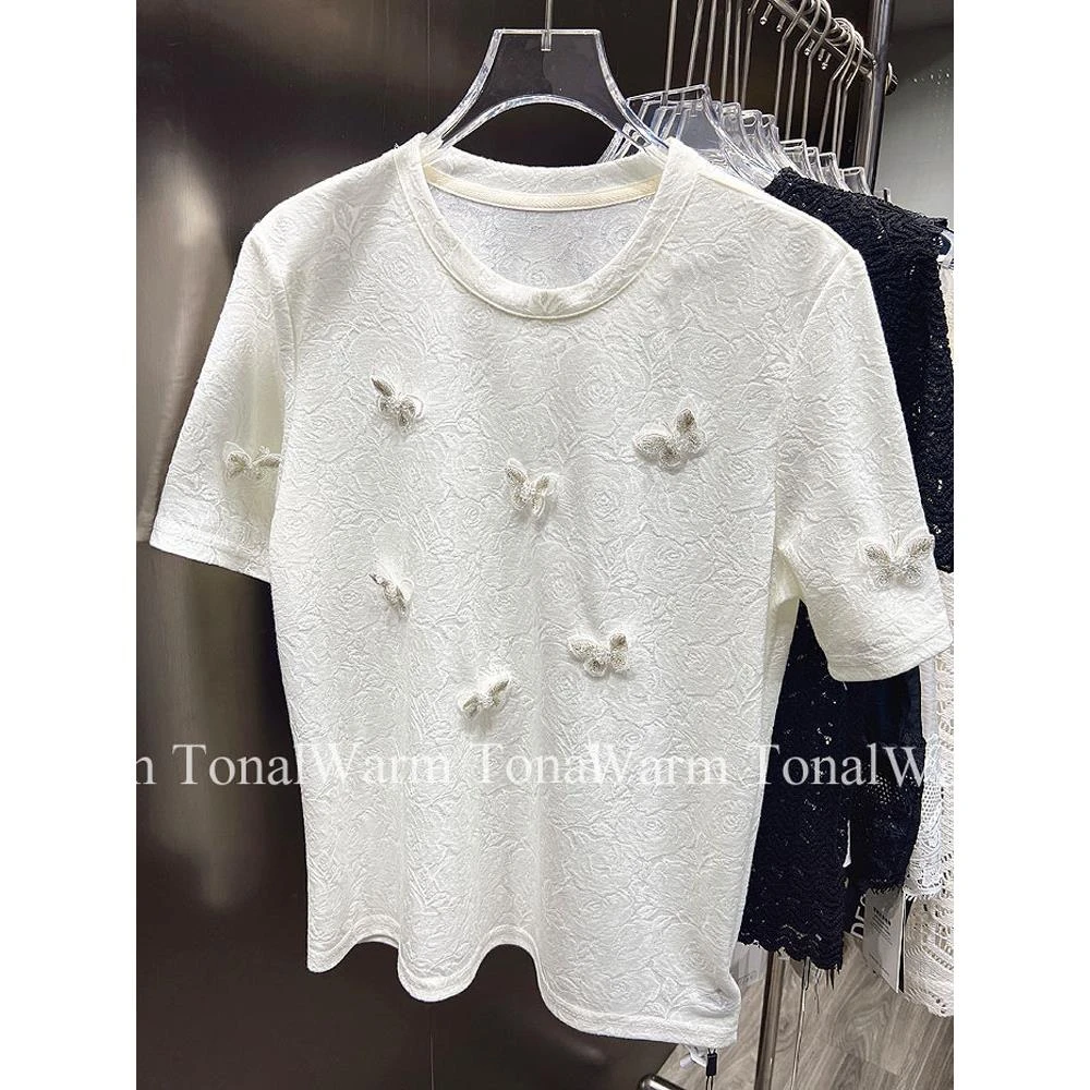 针织开衫欧洲站2025夏新款时尚百搭圆领钉珠蝴蝶结短袖T恤女上衣