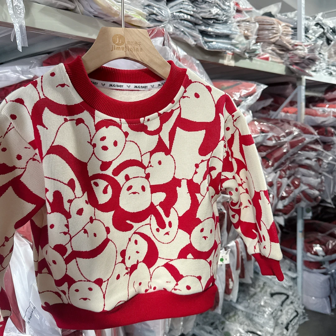 【JMJQ 201595】深秋冬儿童贺年满印熊猫抓绒绒加厚套头圆领卫衣