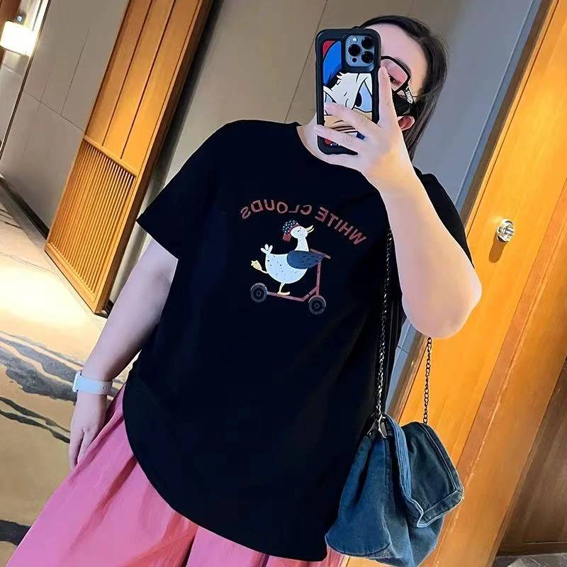 夏大码胖mm微胖200斤圆领印花显瘦印花宽松短袖T恤正肩童趣减龄