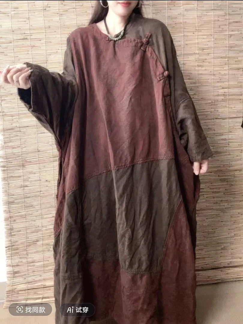 复古做旧个性拼接慵懒风系带毛边亚麻连衣裙女装【衣长120胸围160】