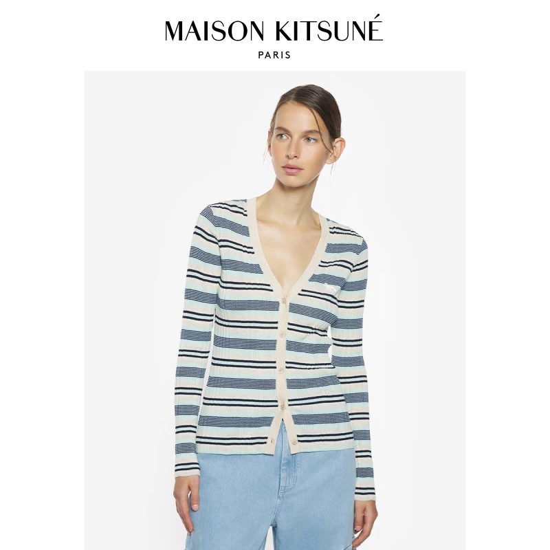 Maison Kitsune女款玩色小狐狸复古细条纹针织开衫